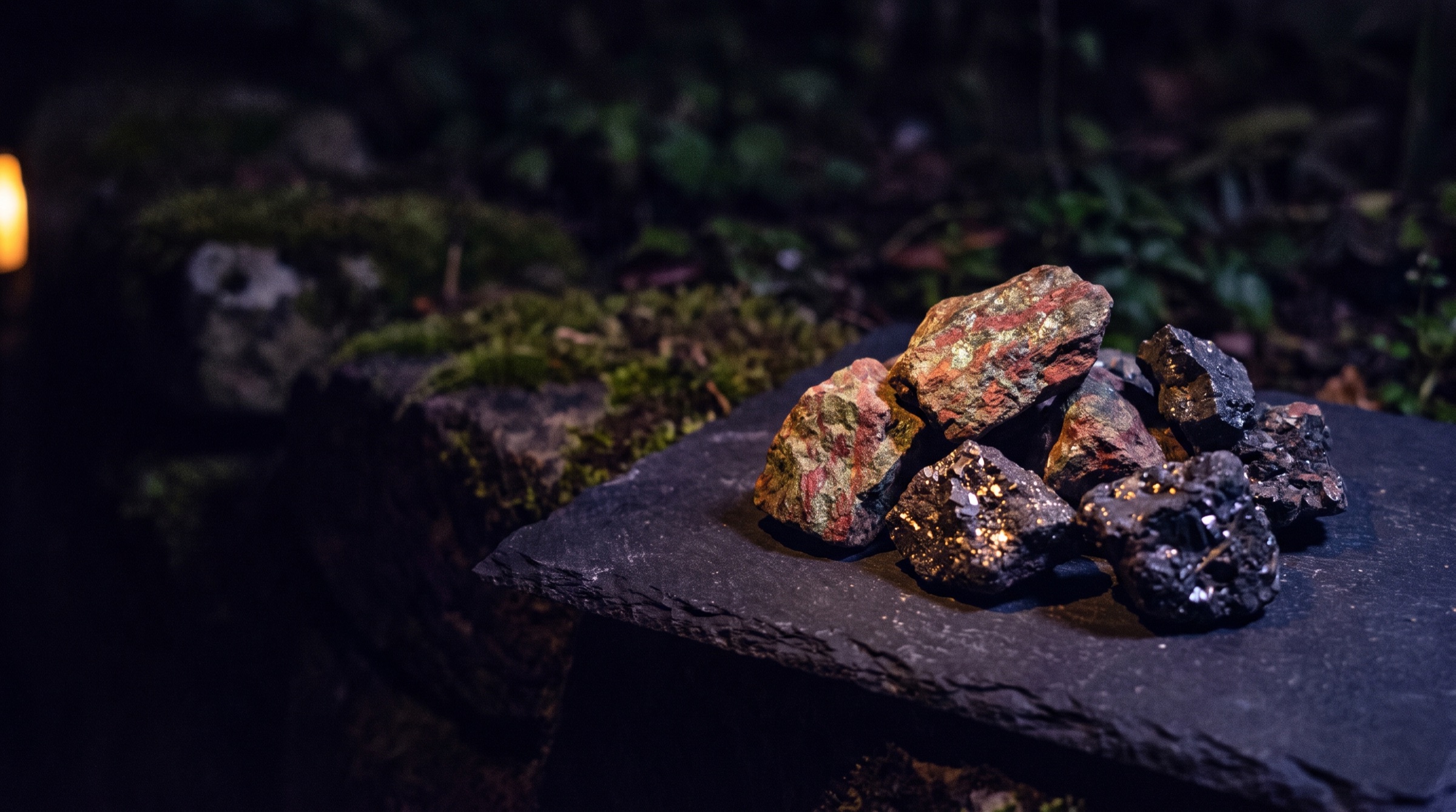 Raw copper and tin ore under a scanning light