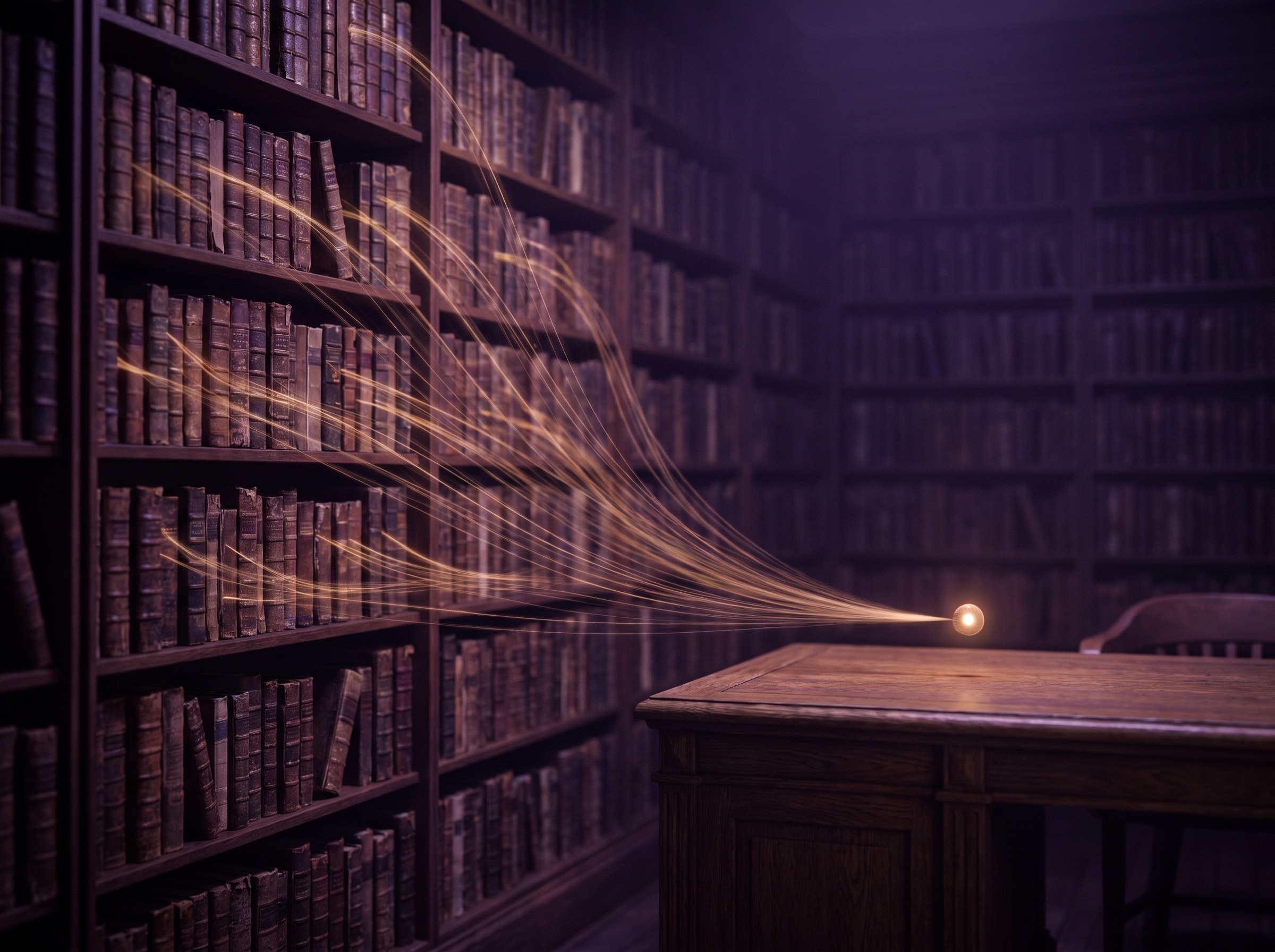 Shelves of reference books dissolving into threads of amber light