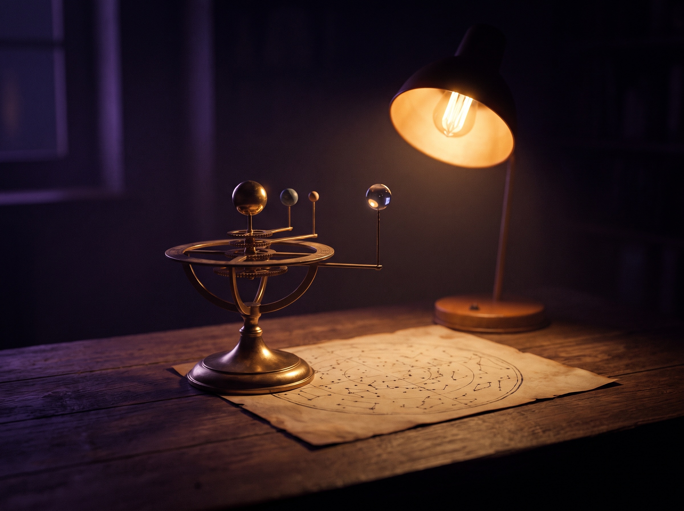A brass orrery on a dark desk, lit by a single amber lamp