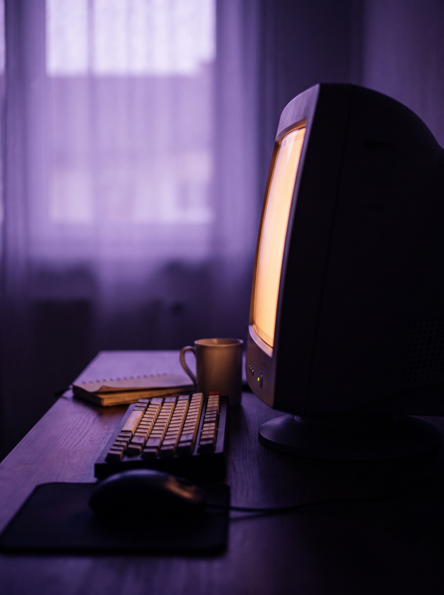 An amber-lit monitor glowing in a dark room