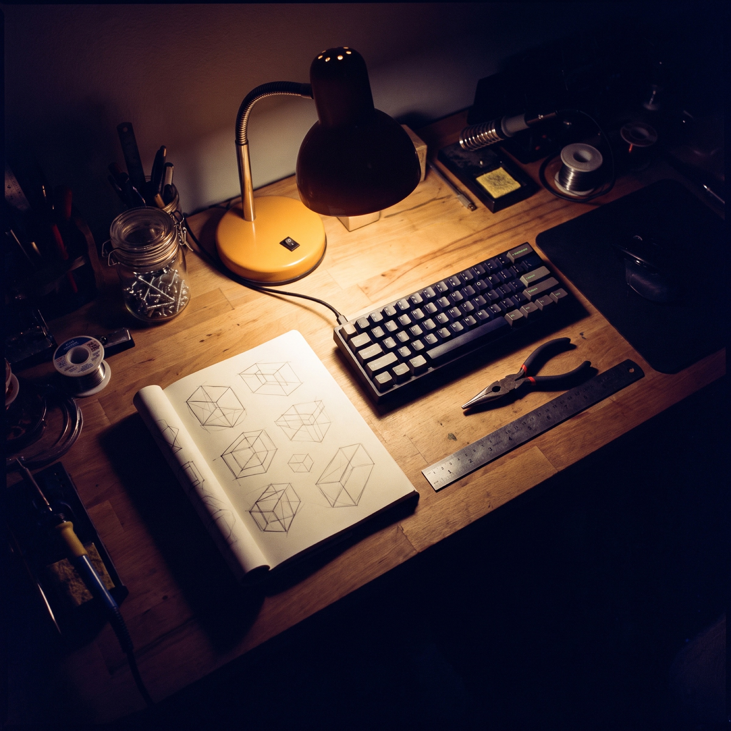 A workbench with a sketchbook, a keyboard and a single amber lamp