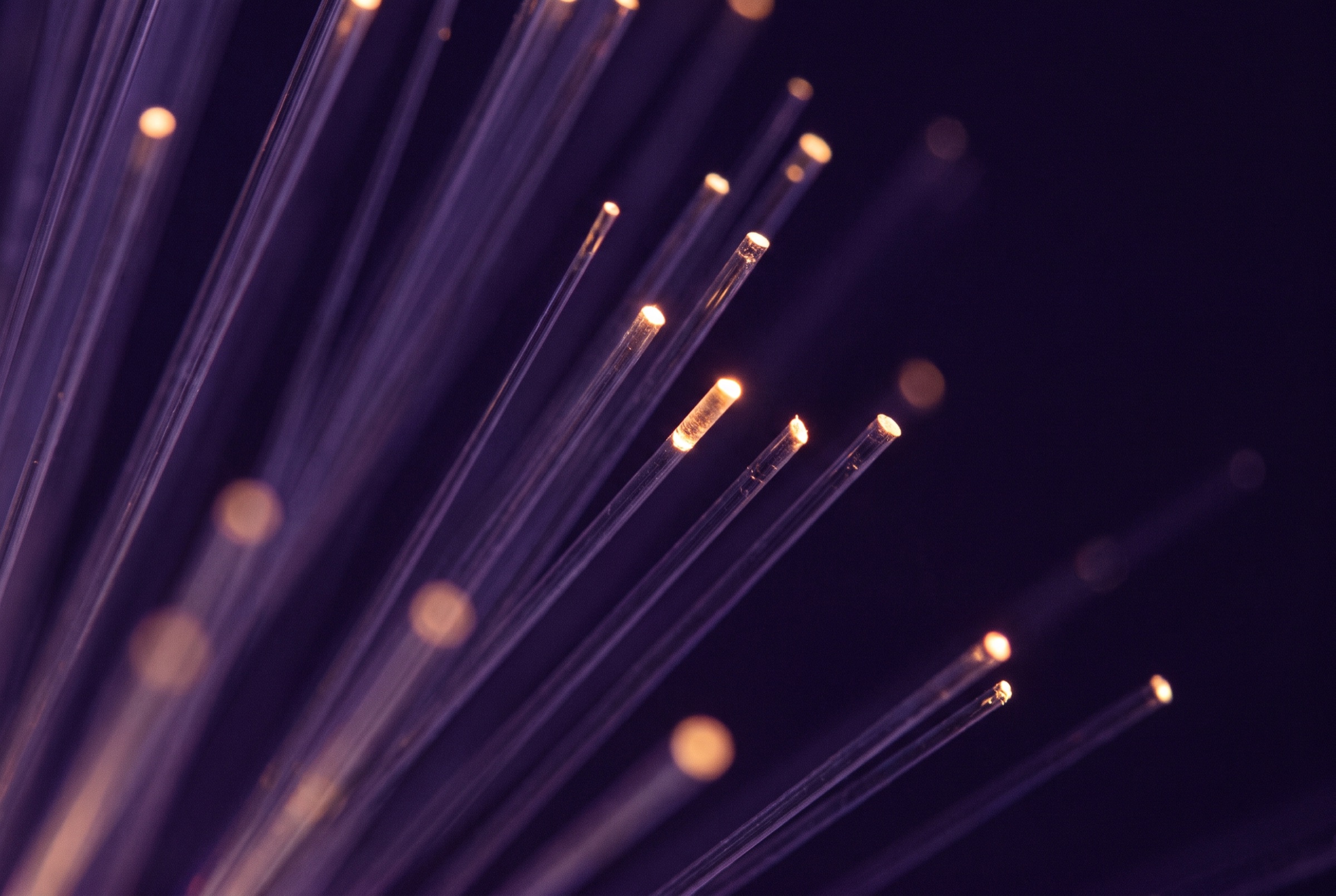 Fiber optic strands glowing amber in violet darkness
